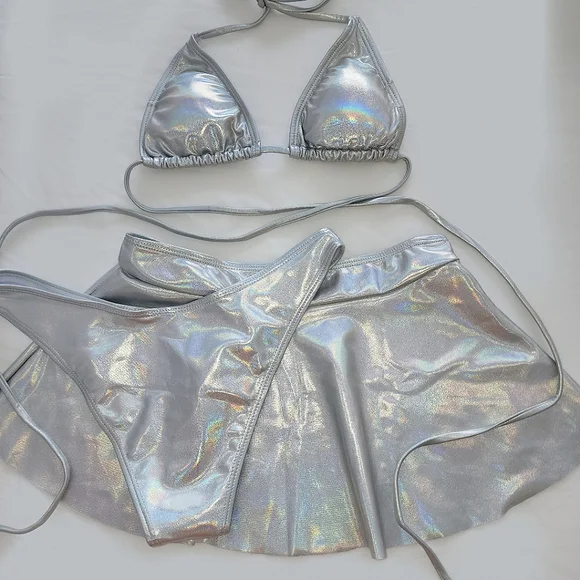NEW 3 PIECE SET IHEARTRAVES HOLOGRAPHIC BIKINI TOP AND BOOTY SHORTS WITH SKIRT - Picture 3 of 3